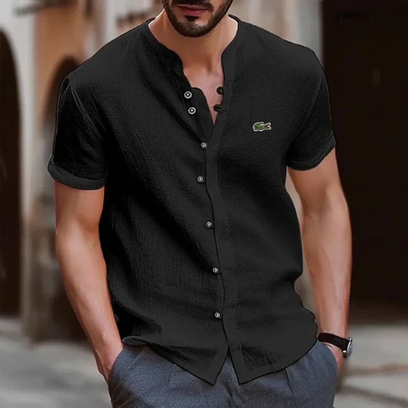 2026 Textured Button Henley Shirt - Clearance Sale