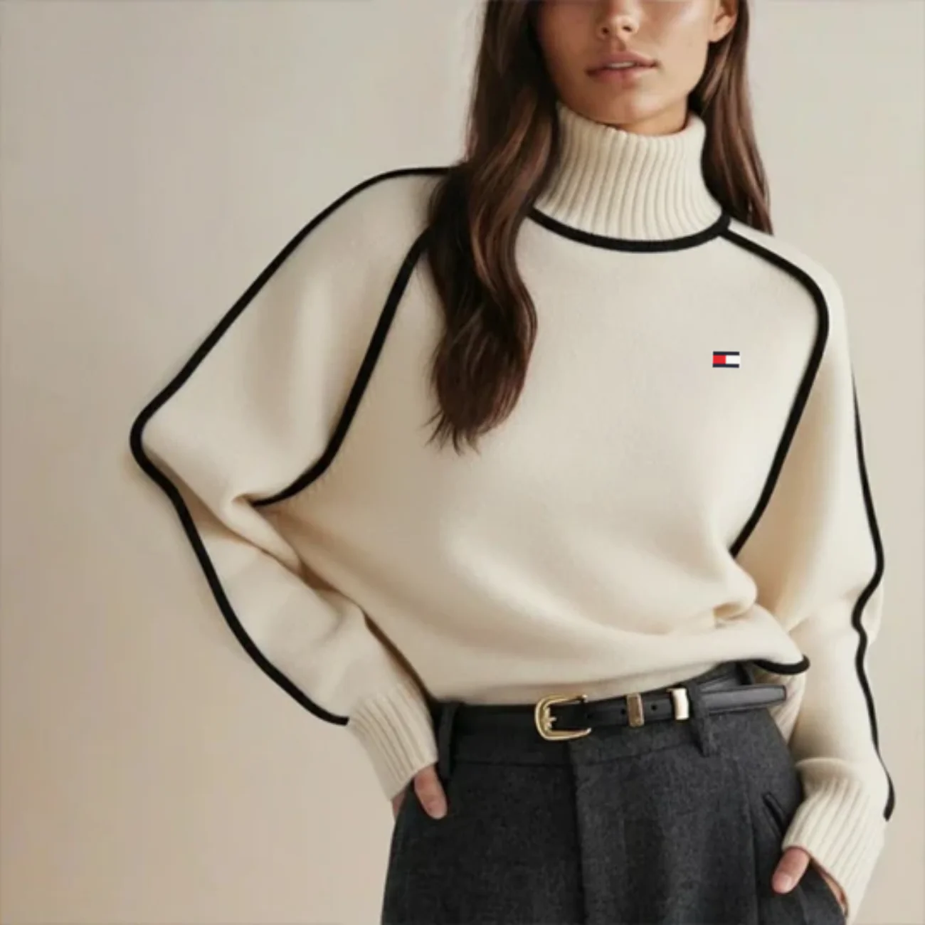 Elegant Contrast Knit Turtleneck Sweater - Clearance Sale - Image 2