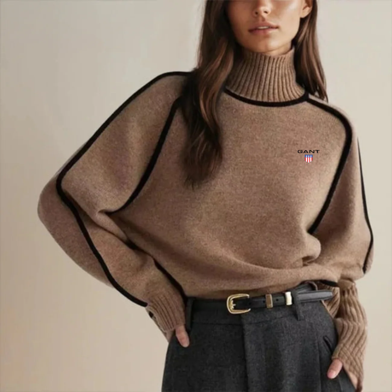 Elegant Contrast Knit Turtleneck Sweater - Clearance Sale