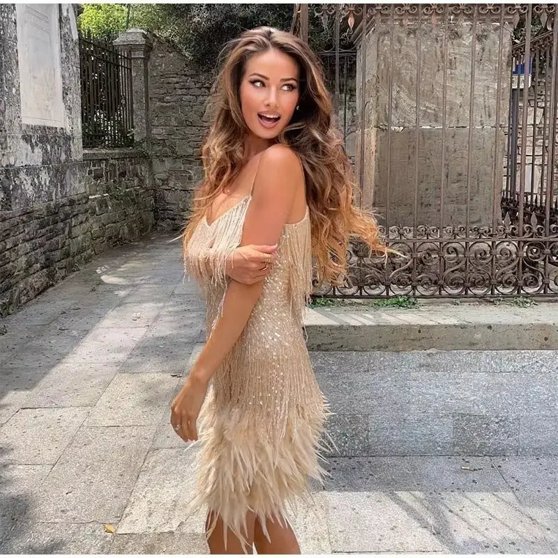 Feather Trim Fringe Mini Dress for Women - Image 3