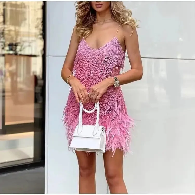 Feather Trim Fringe Mini Dress for Women - Image 4