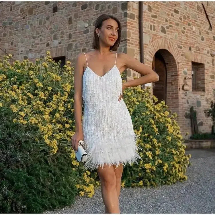 Feather Trim Fringe Mini Dress for Women - Image 5