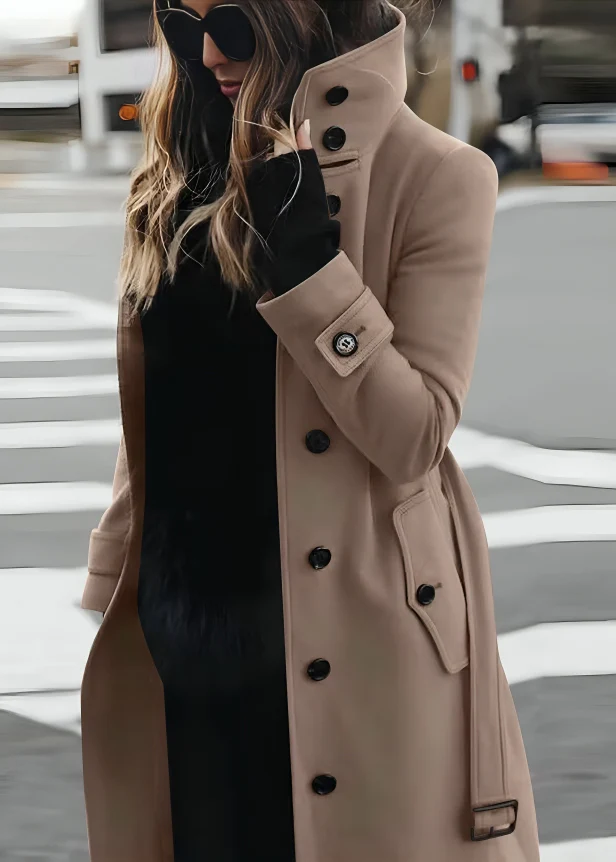 High Collar Tie-Belt Long Coat for Women - Image 2
