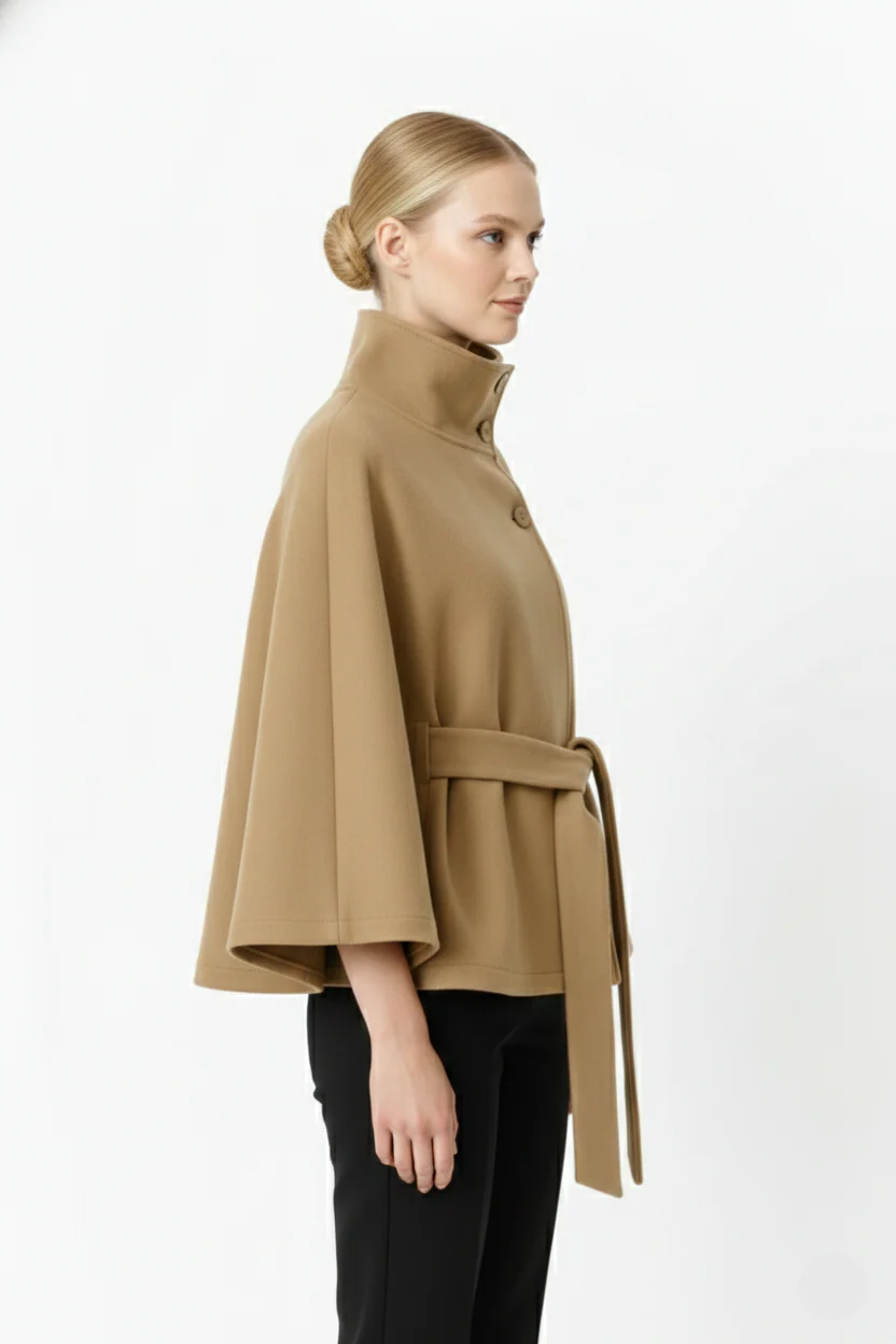 Isabelle – Women’s Wool Coat with High Collar and Removable Belt - Image 14