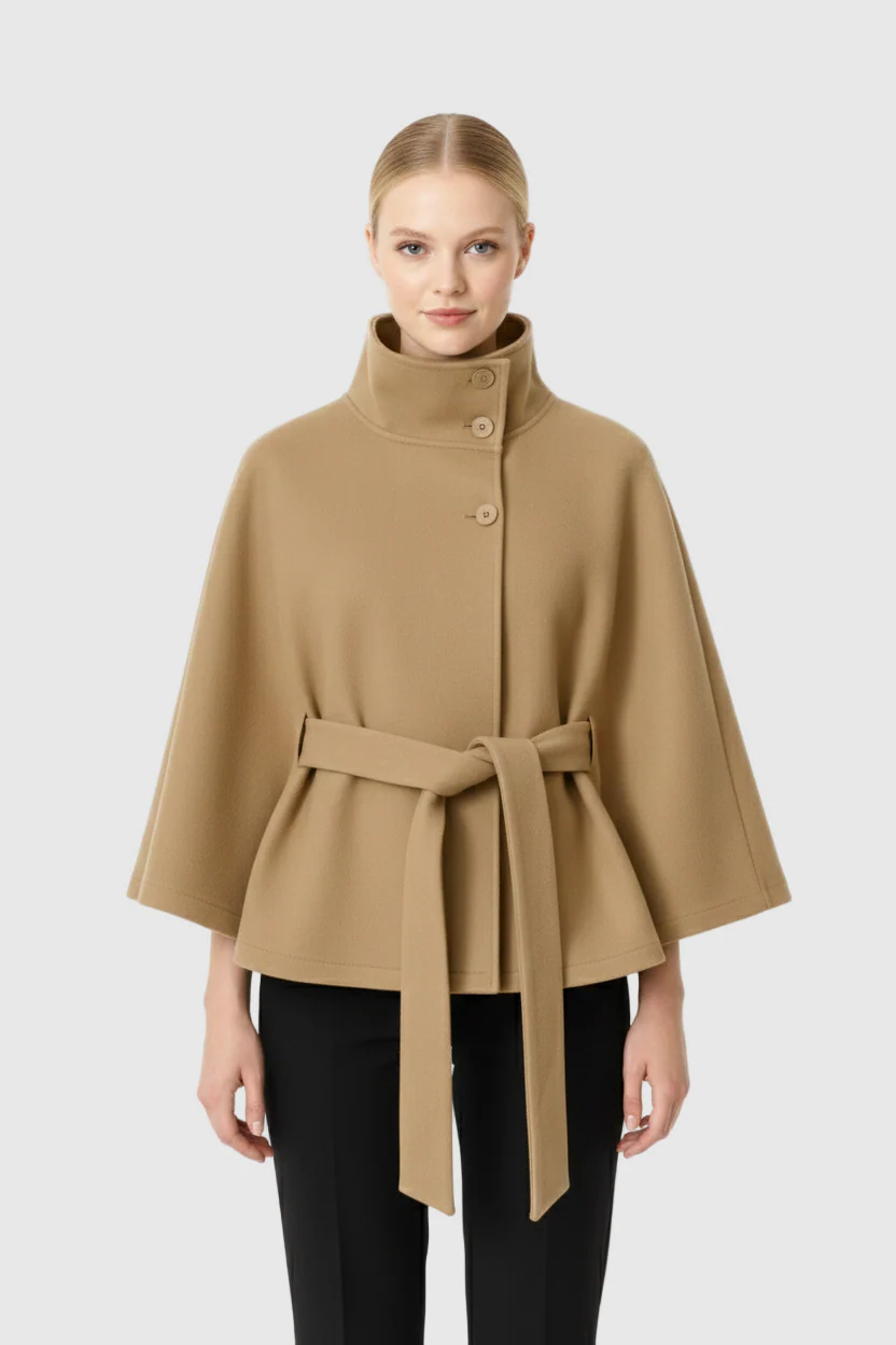 Isabelle – Women’s Wool Coat with High Collar and Removable Belt - Image 3