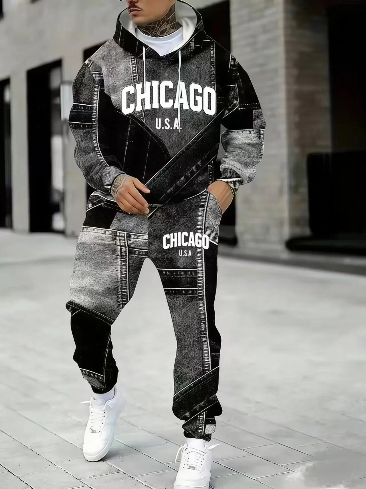 KZZ Men's Fall Winter Hooded Sweatshirt & Pants Set - Image 2