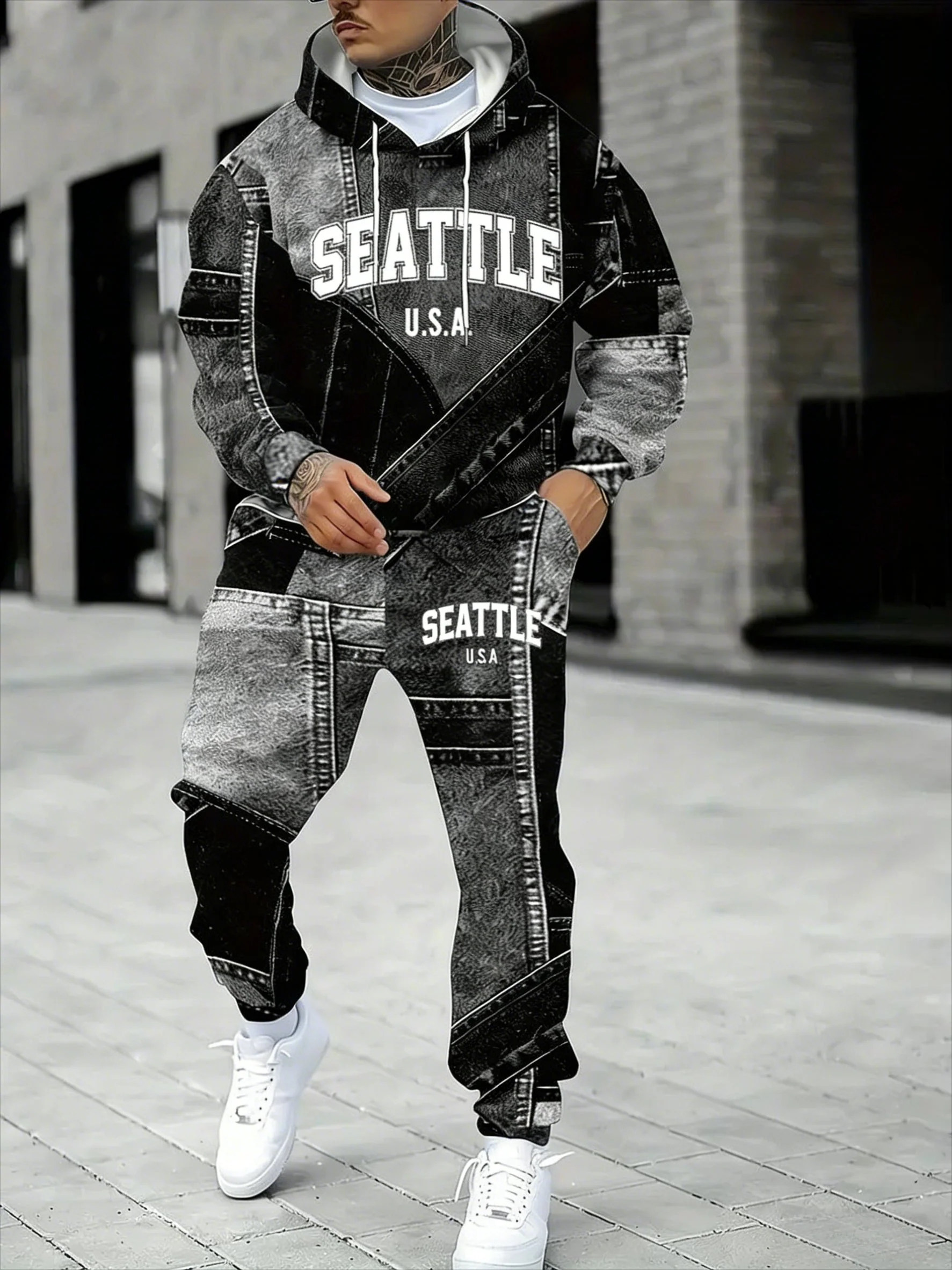 KZZ Men's Fall Winter Hooded Sweatshirt & Pants Set - Image 4