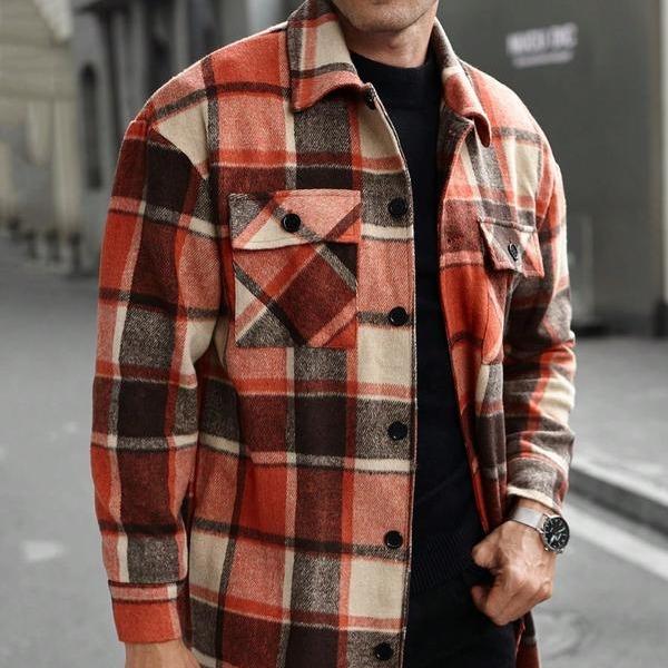 KZZ Men's plaid check long coat, with a buttoned lapel, loose fit - Image 4