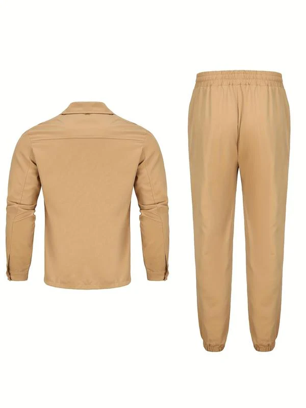 KZZ Men's Solid Button Pocket Lapel Neck Jacket & Drawstring Waist Cargo Pant Set - Image 11