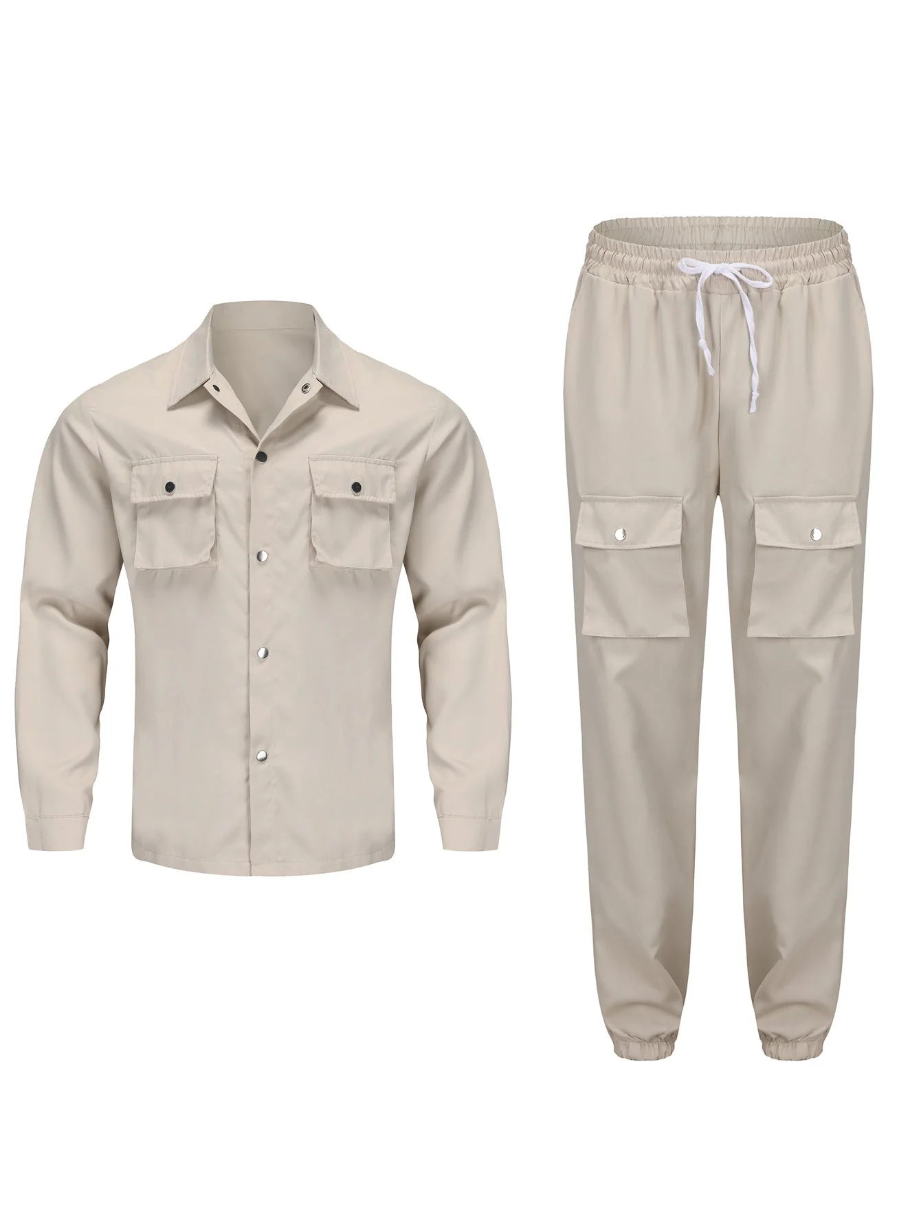 KZZ Men's Solid Button Pocket Lapel Neck Jacket & Drawstring Waist Cargo Pant Set - Image 12