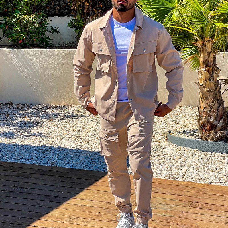 KZZ Men's Solid Button Pocket Lapel Neck Jacket & Drawstring Waist Cargo Pant Set - Image 3