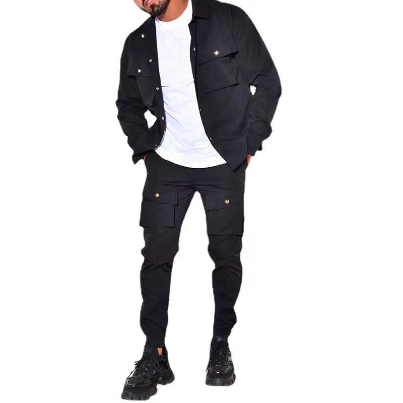 KZZ Men's Solid Button Pocket Lapel Neck Jacket & Drawstring Waist Cargo Pant Set - Image 8