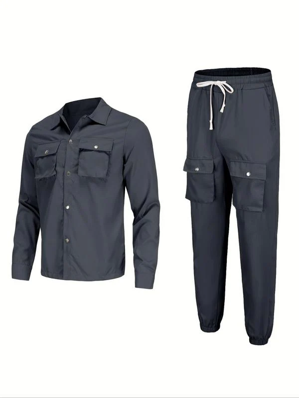 KZZ Men's Solid Button Pocket Lapel Neck Jacket & Drawstring Waist Cargo Pant Set - Image 9
