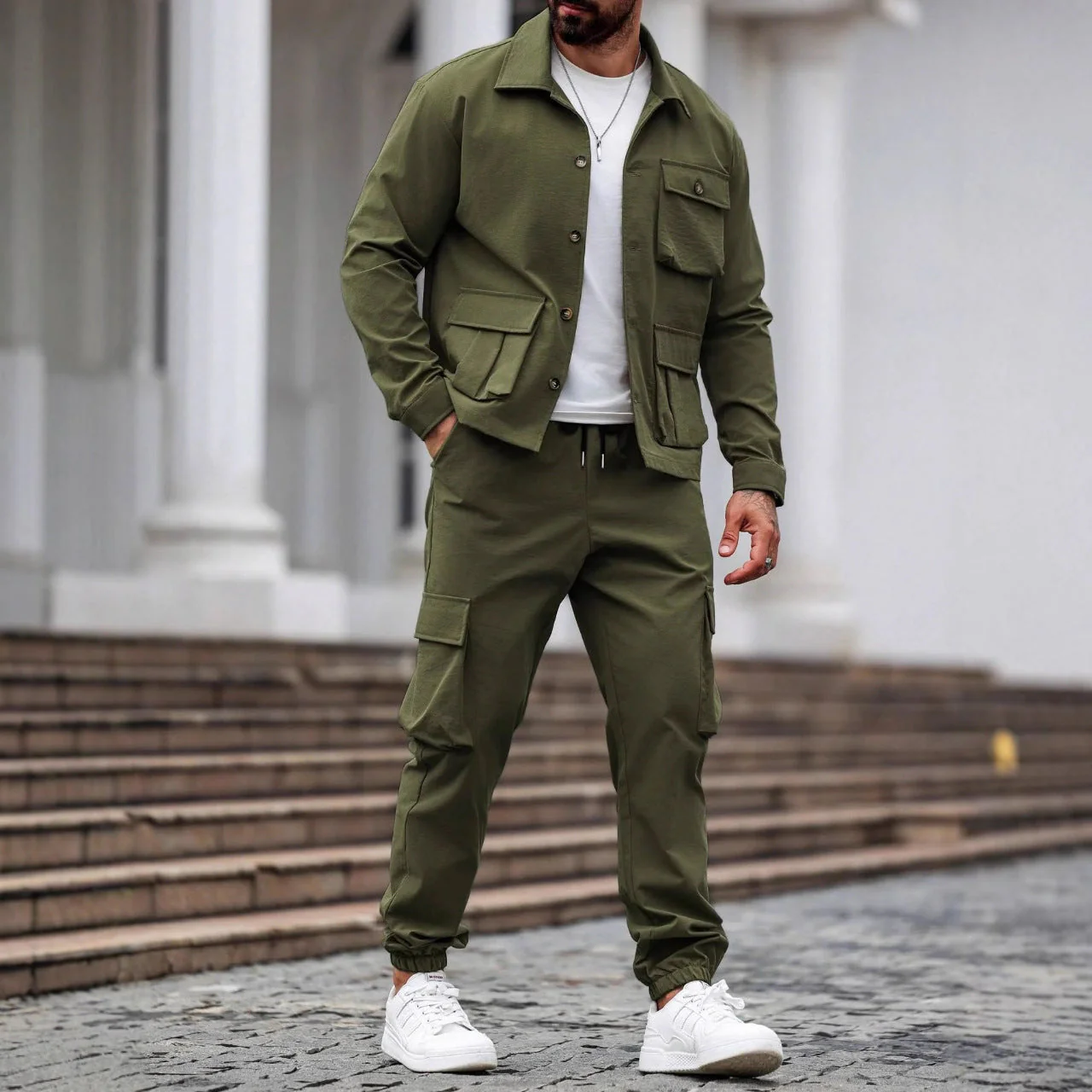 KZZ Men's Solid Color Pocket Button Front Shirt & Pants Two-Piece Set - Image 2