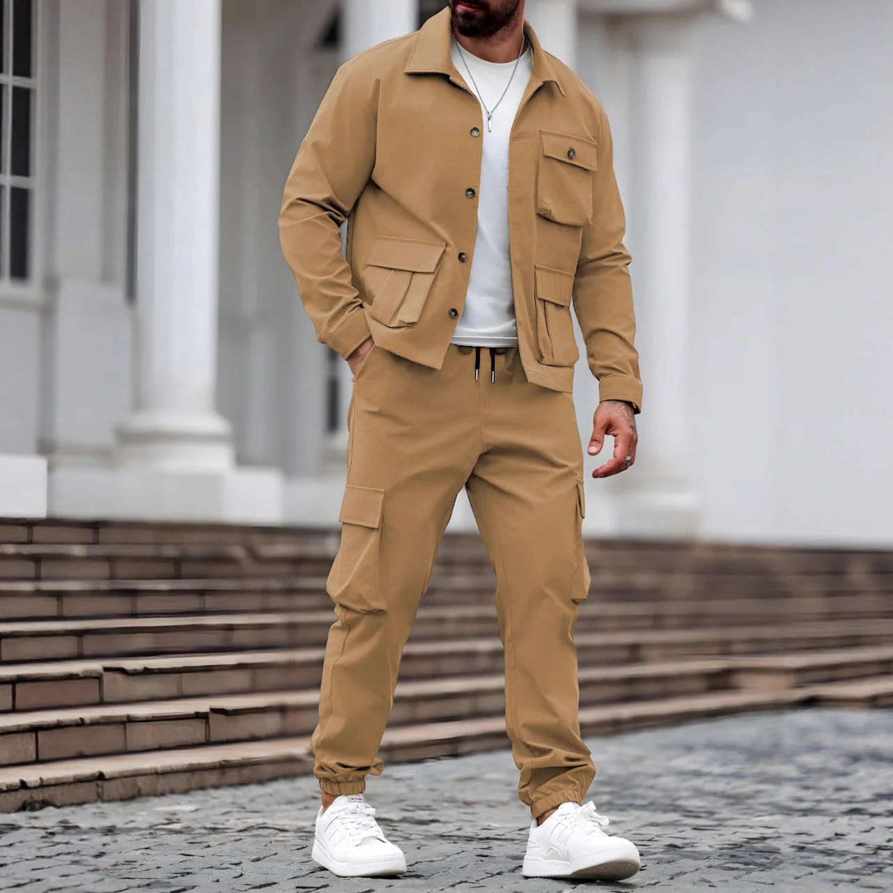 KZZ Men's Solid Color Pocket Button Front Shirt & Pants Two-Piece Set - Image 3