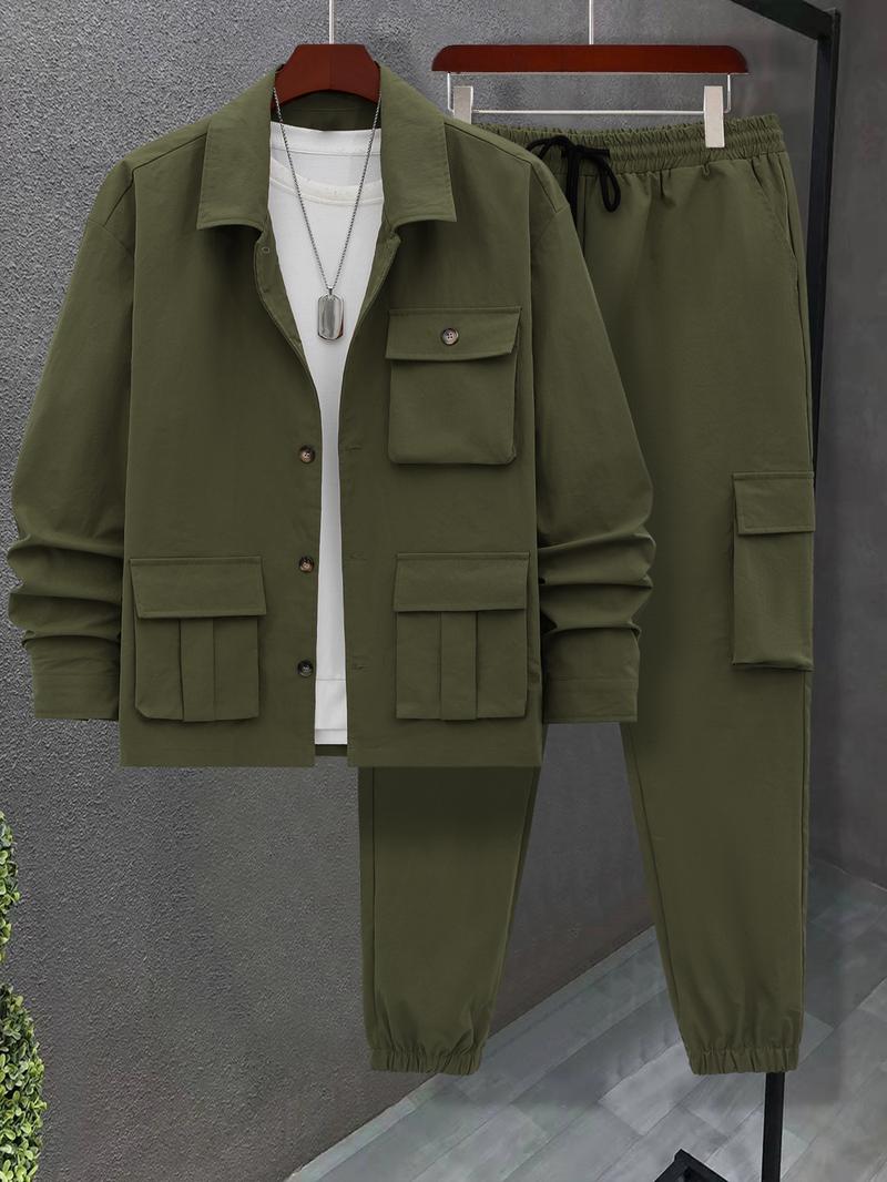 KZZ Men's Solid Color Pocket Button Front Shirt & Pants Two-Piece Set - Image 6