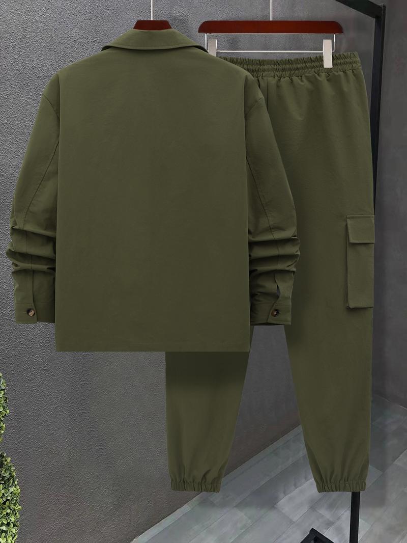 KZZ Men's Solid Color Pocket Button Front Shirt & Pants Two-Piece Set - Image 7