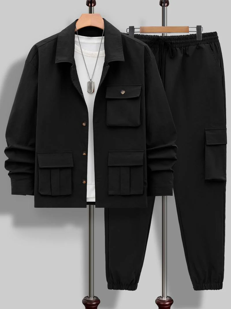 KZZ Men's Solid Color Pocket Button Front Shirt & Pants Two-Piece Set - Image 8