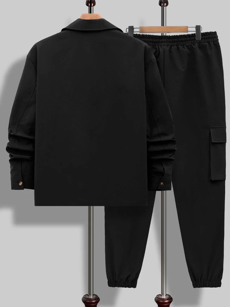 KZZ Men's Solid Color Pocket Button Front Shirt & Pants Two-Piece Set - Image 9