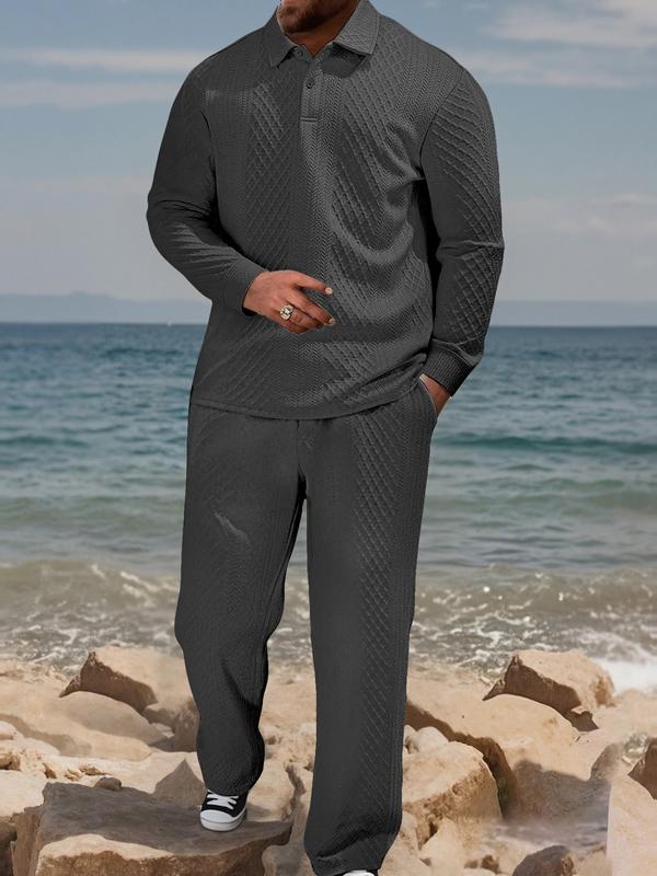 KZZ Men's Textured Long Sleeve Polo Shirt & Drawstring Pants Set - Image 2