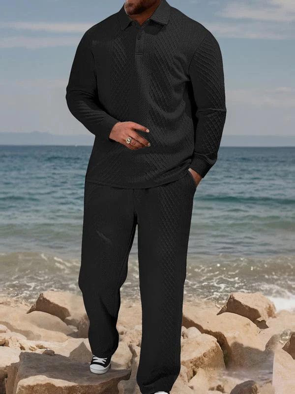 KZZ Men's Textured Long Sleeve Polo Shirt & Drawstring Pants Set - Image 3