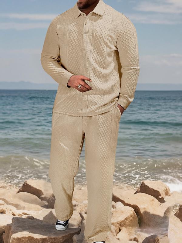 KZZ Men's Textured Long Sleeve Polo Shirt & Drawstring Pants Set - Image 4