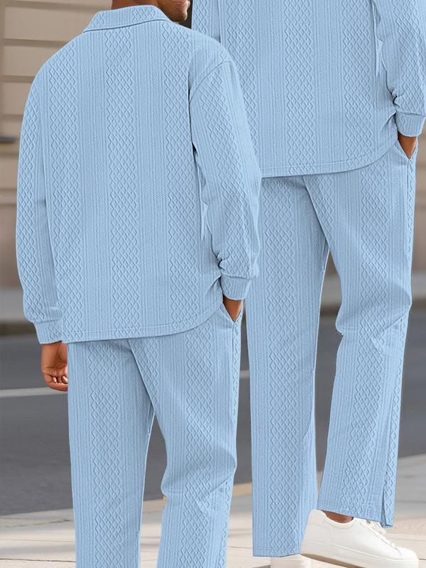 KZZ Men's Textured Long Sleeve Polo Shirt & Drawstring Pants Set - Image 5