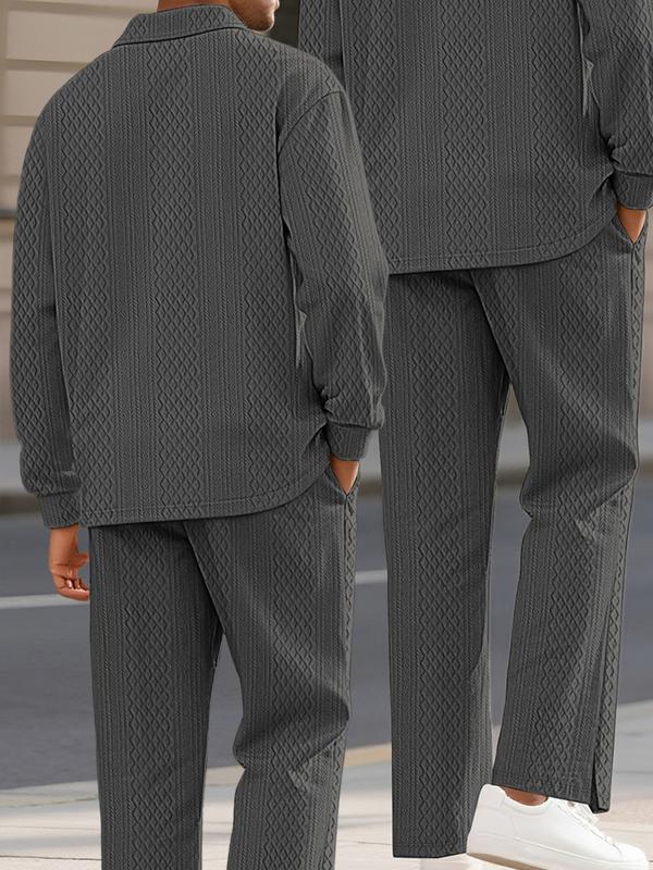 KZZ Men's Textured Long Sleeve Polo Shirt & Drawstring Pants Set - Image 6