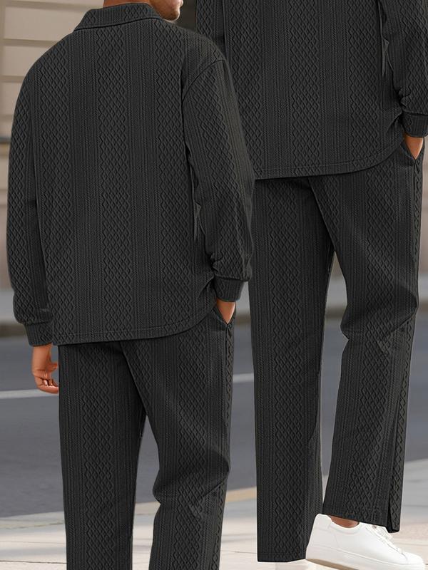 KZZ Men's Textured Long Sleeve Polo Shirt & Drawstring Pants Set - Image 7