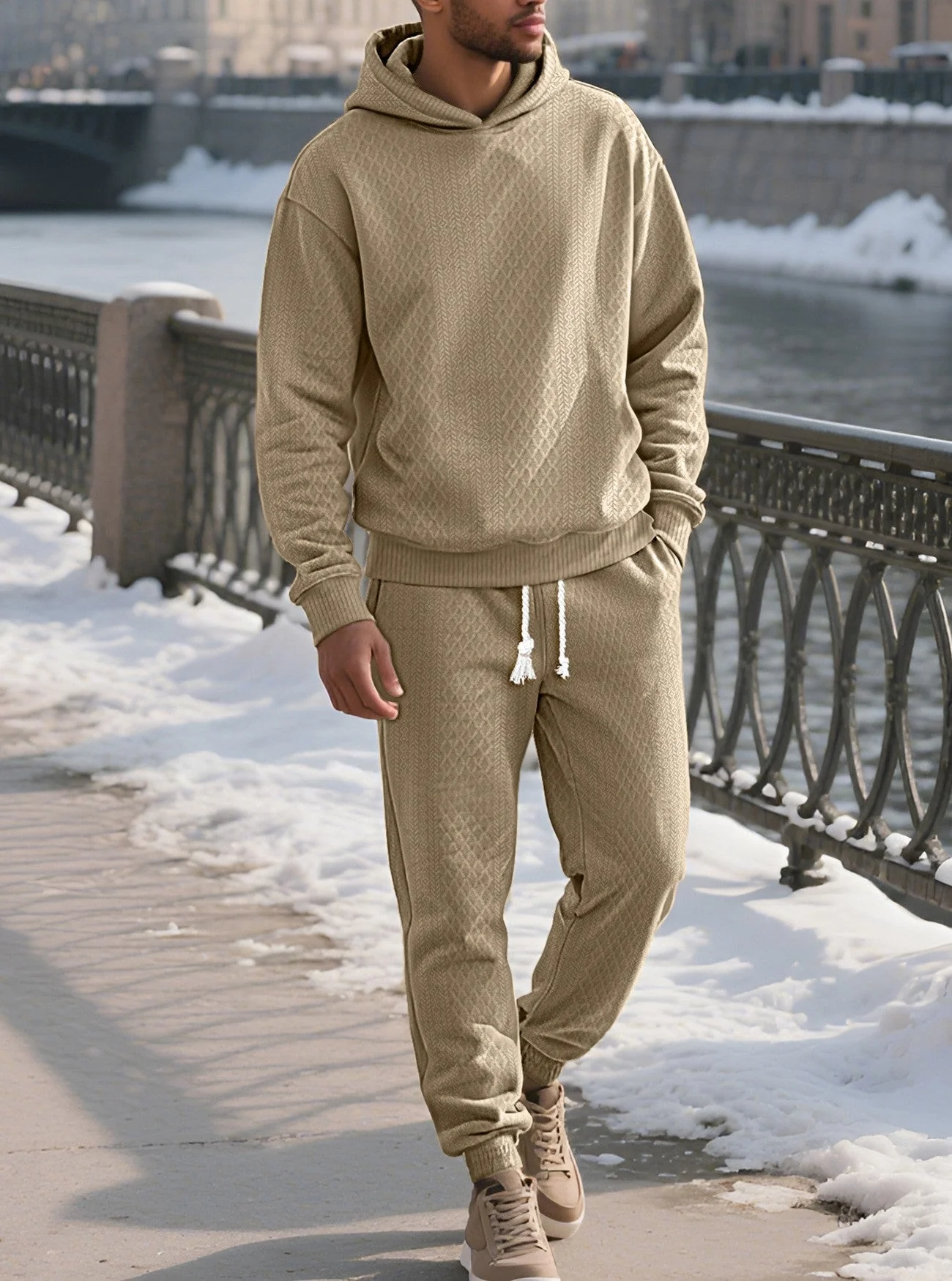 KZZ Two-piece men's solid color hooded sweatshirt and drawstring pants set - Image 10