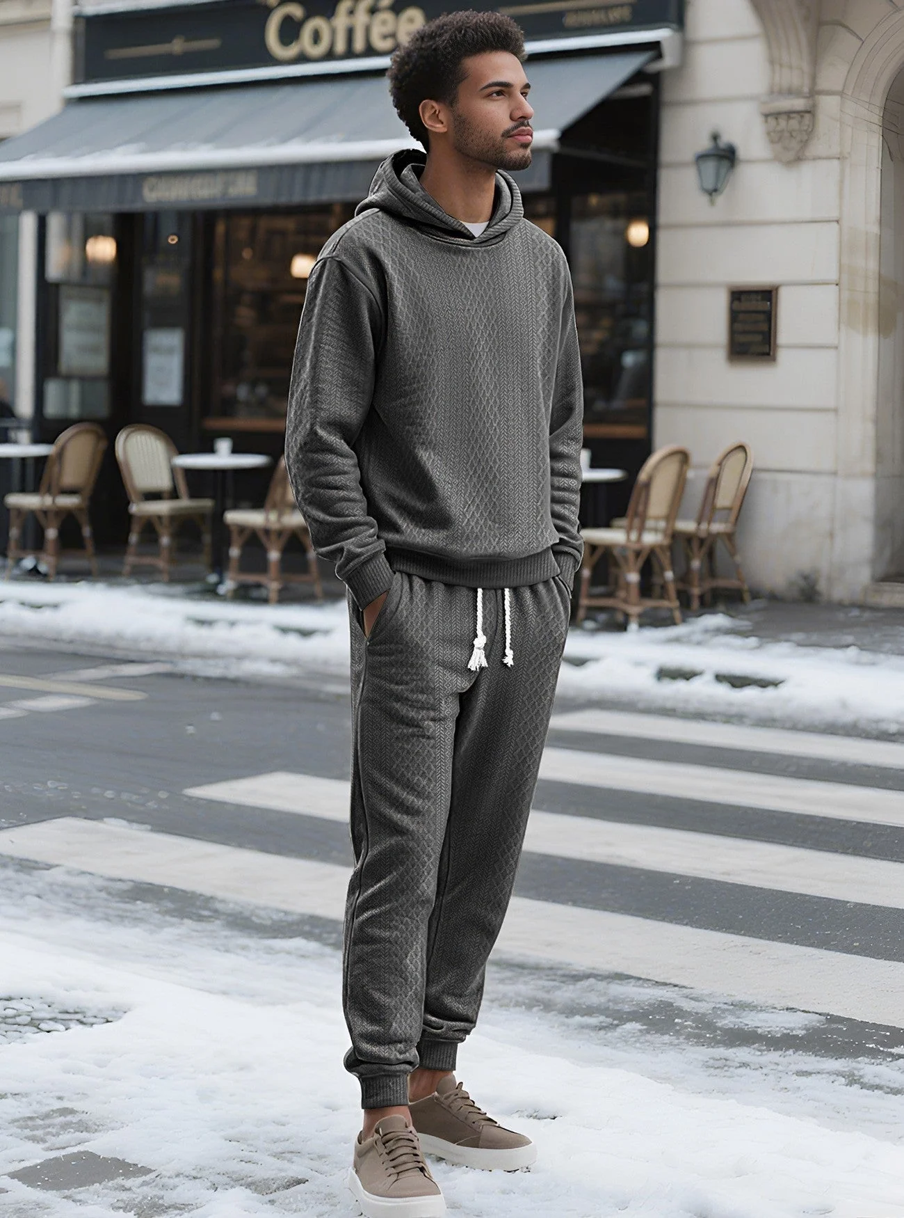 KZZ Two-piece men's solid color hooded sweatshirt and drawstring pants set - Image 11