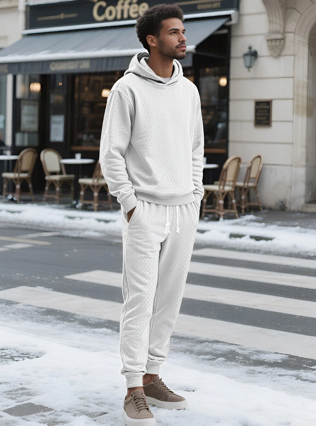 KZZ Two-piece men's solid color hooded sweatshirt and drawstring pants set - Image 12