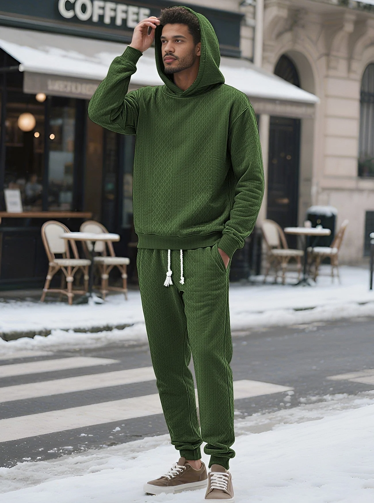 KZZ Two-piece men's solid color hooded sweatshirt and drawstring pants set - Image 13