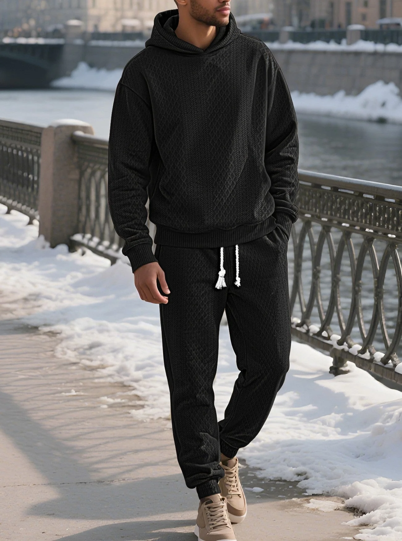KZZ Two-piece men's solid color hooded sweatshirt and drawstring pants set - Image 14