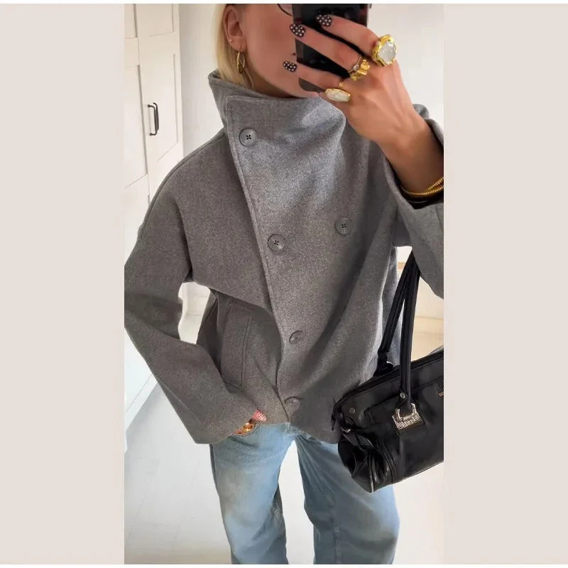 Léa - Women's Wool Blend Coat with High Collar and Double-Breasted Fastening - Image 7