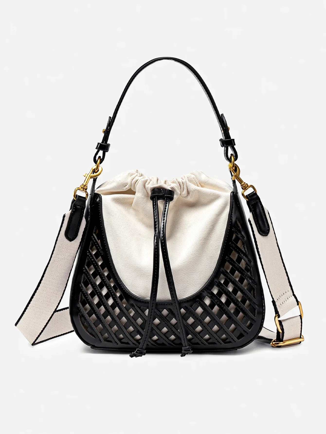 Léa Woven Bucket Bag - Women's Canvas Body with Adjustable Strap - Image 3